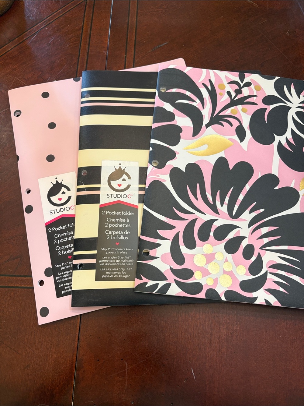 Studio C Pink & Black Floral and Stripe 2-Pocket Poly Folders - Set of 3